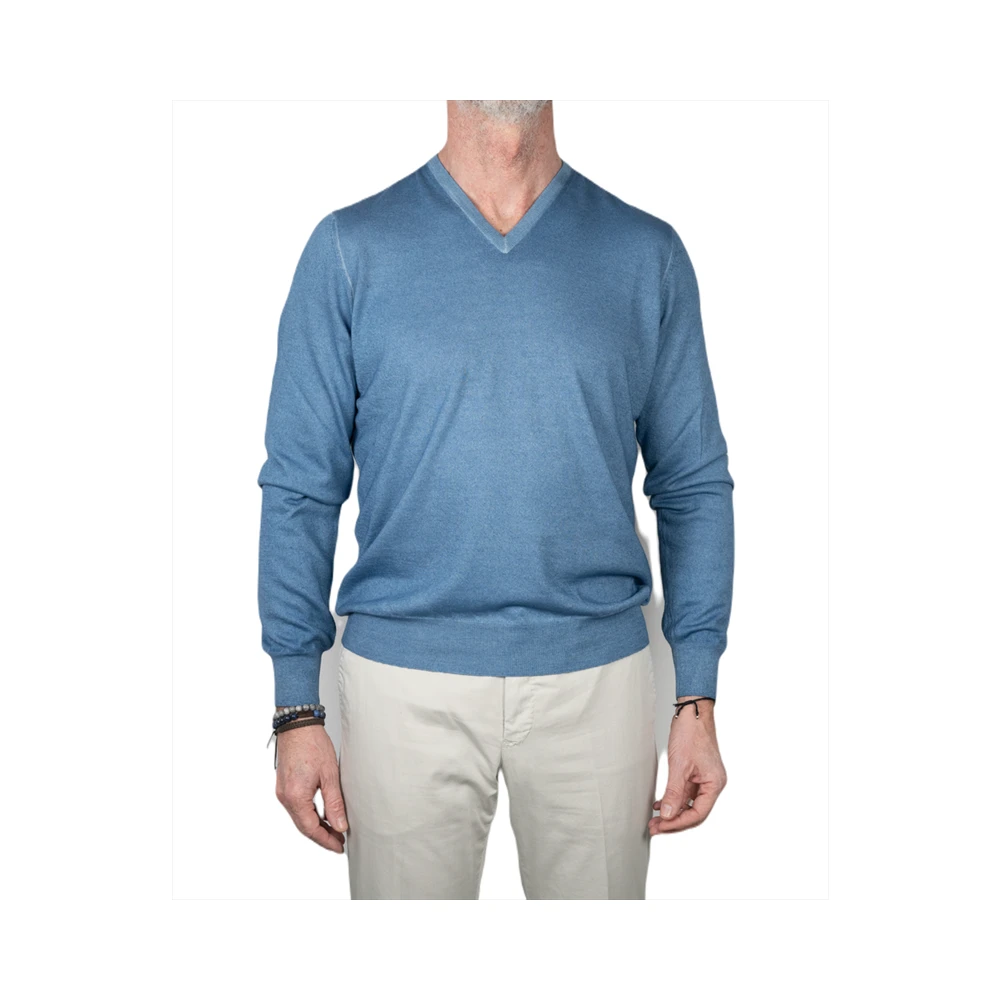 Gran Sasso Vintage Zomer Cashmere V-Hals Sweater Blauw Blue Heren