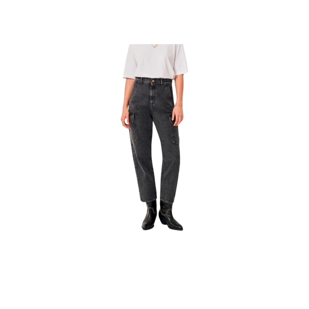 Sessun Stonewashed Cargo Jeans met Hoge Taille Black Dames