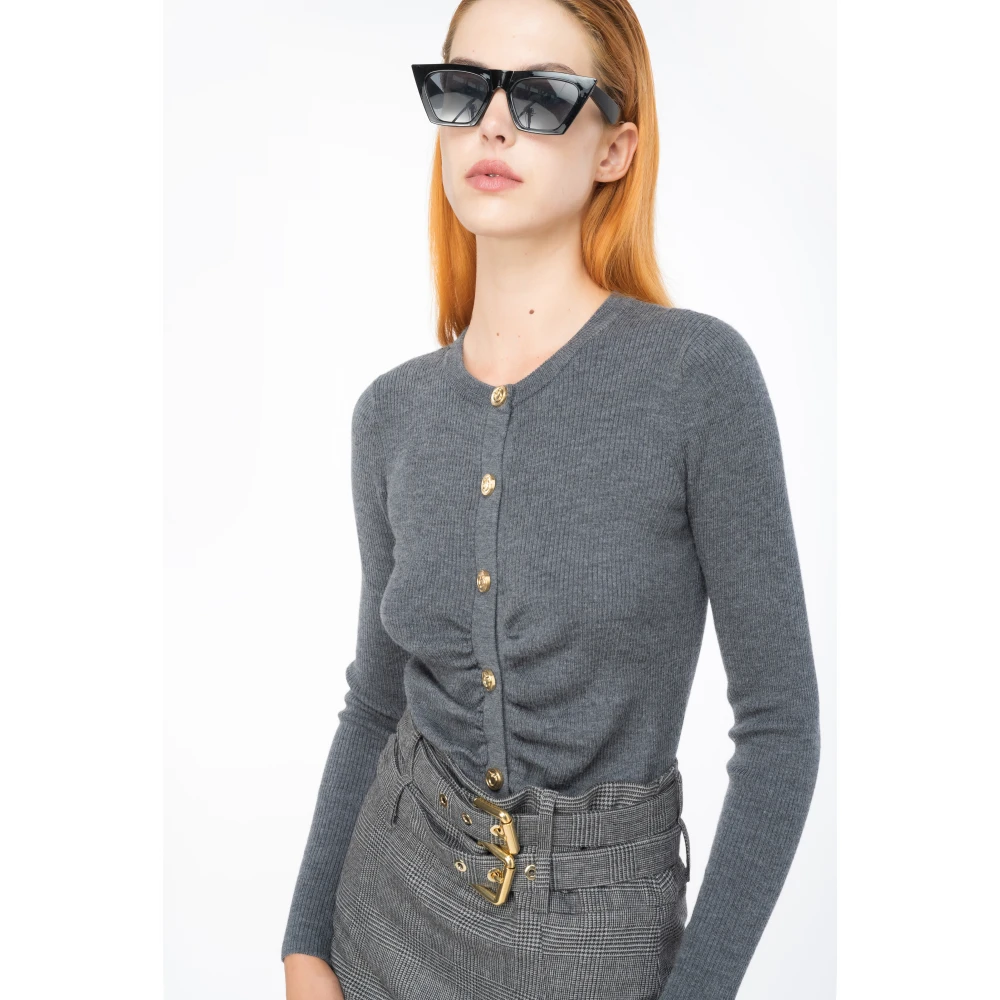 pinko Geribbelde wollen cardigan met Love Birds knopen Gray Dames