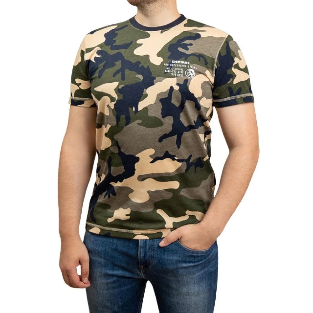 Diesel Heren T-shirt Klassiek Logo Navy-Groen-Beige Multicolor Heren