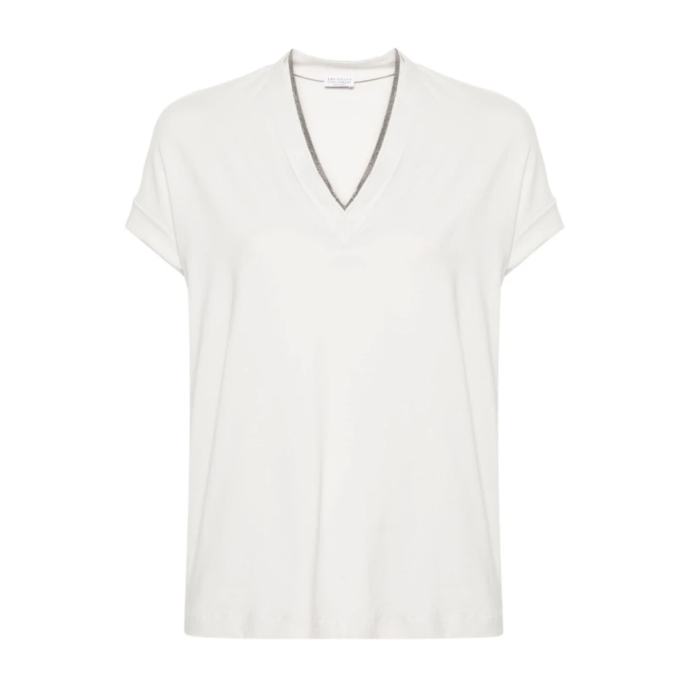 BRUNELLO CUCINELLI Wit Rhinestone V-Hals Katoenen T-Shirt White Dames