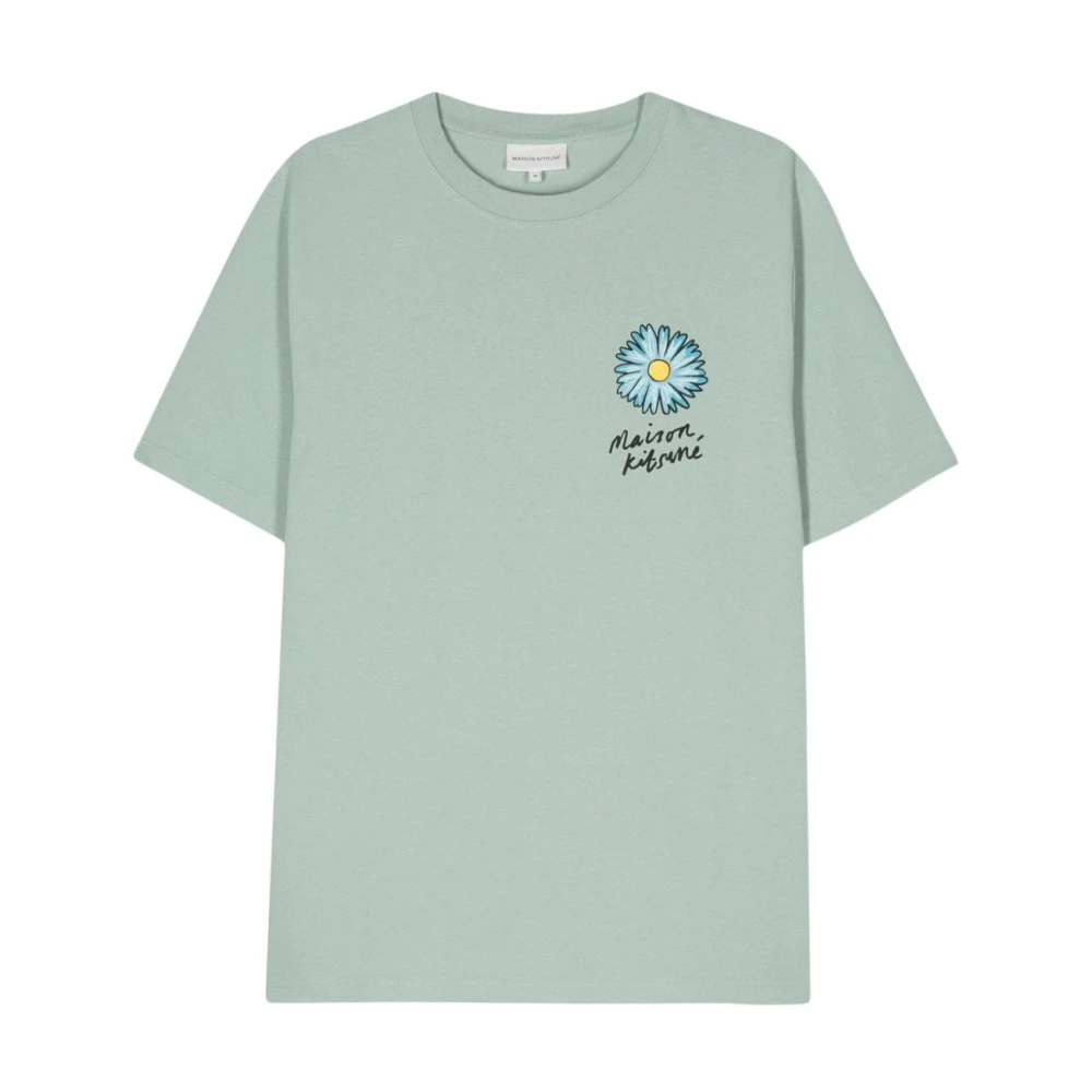 Maison Kitsuné Bloemen Logo Print Crew Neck T-shirt Blue Heren