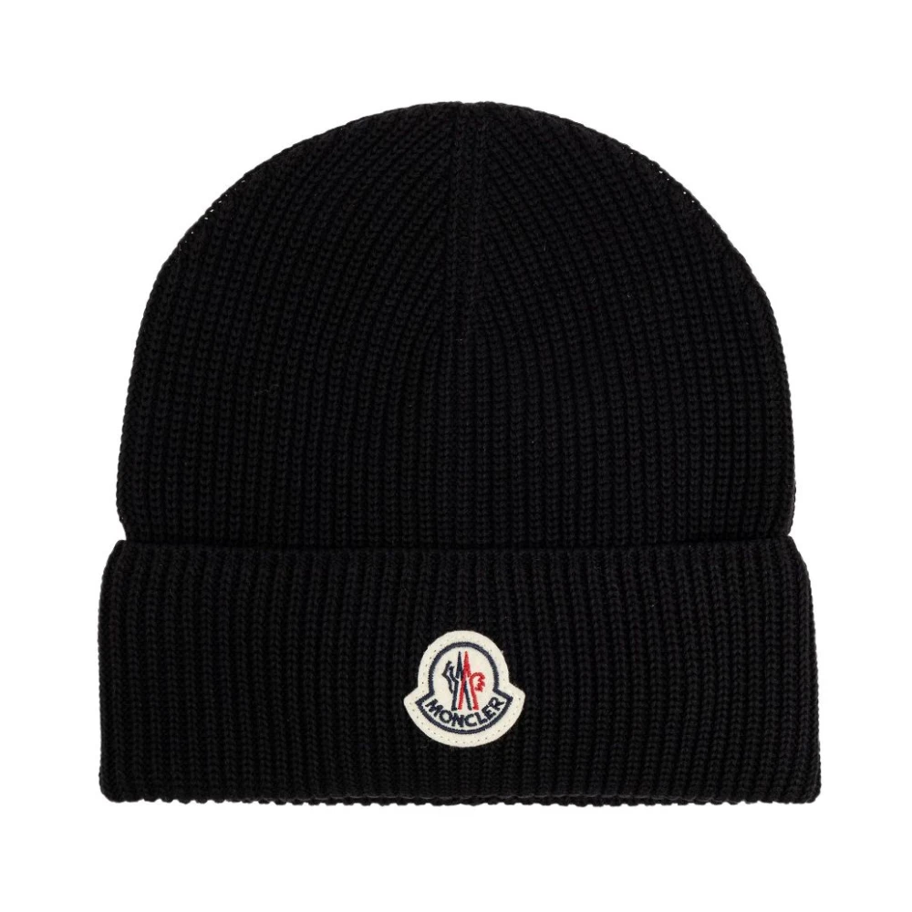 Moncler Logo Patch Beanie Hat van katoenbreisel Black Heren