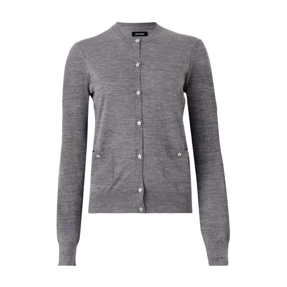 Zadig & Voltaire Women's Gray Cardigans, M, Grey Merino Wool Star Cardigan