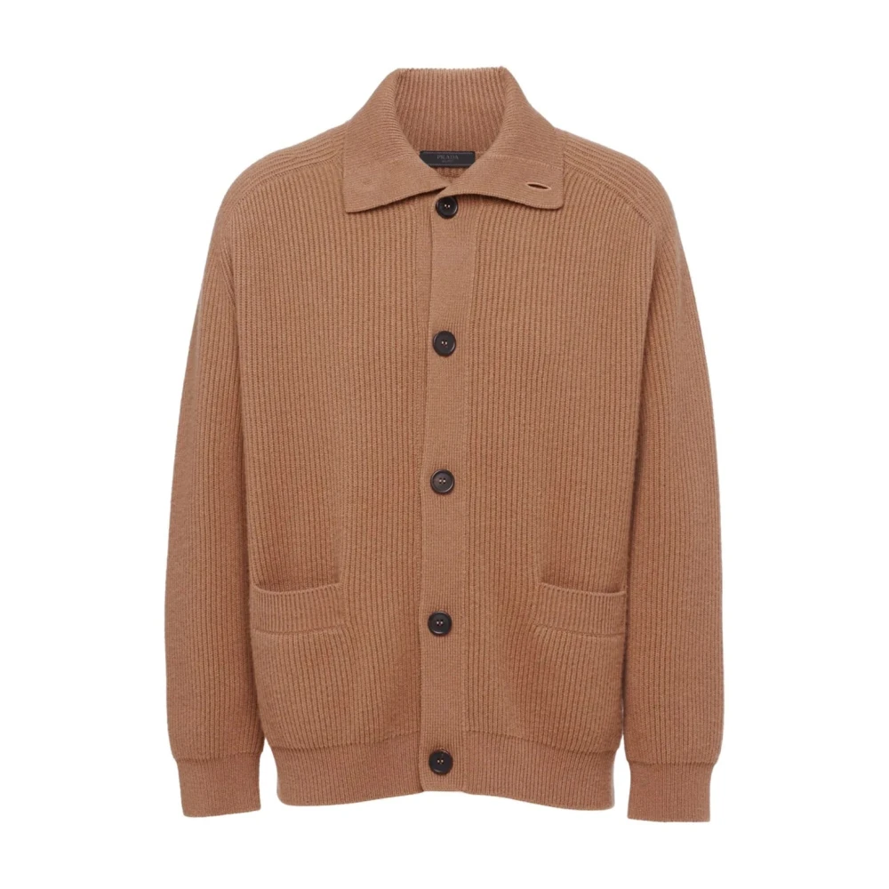 Prada Men's Brown Ribbed Cashmere Cardigan