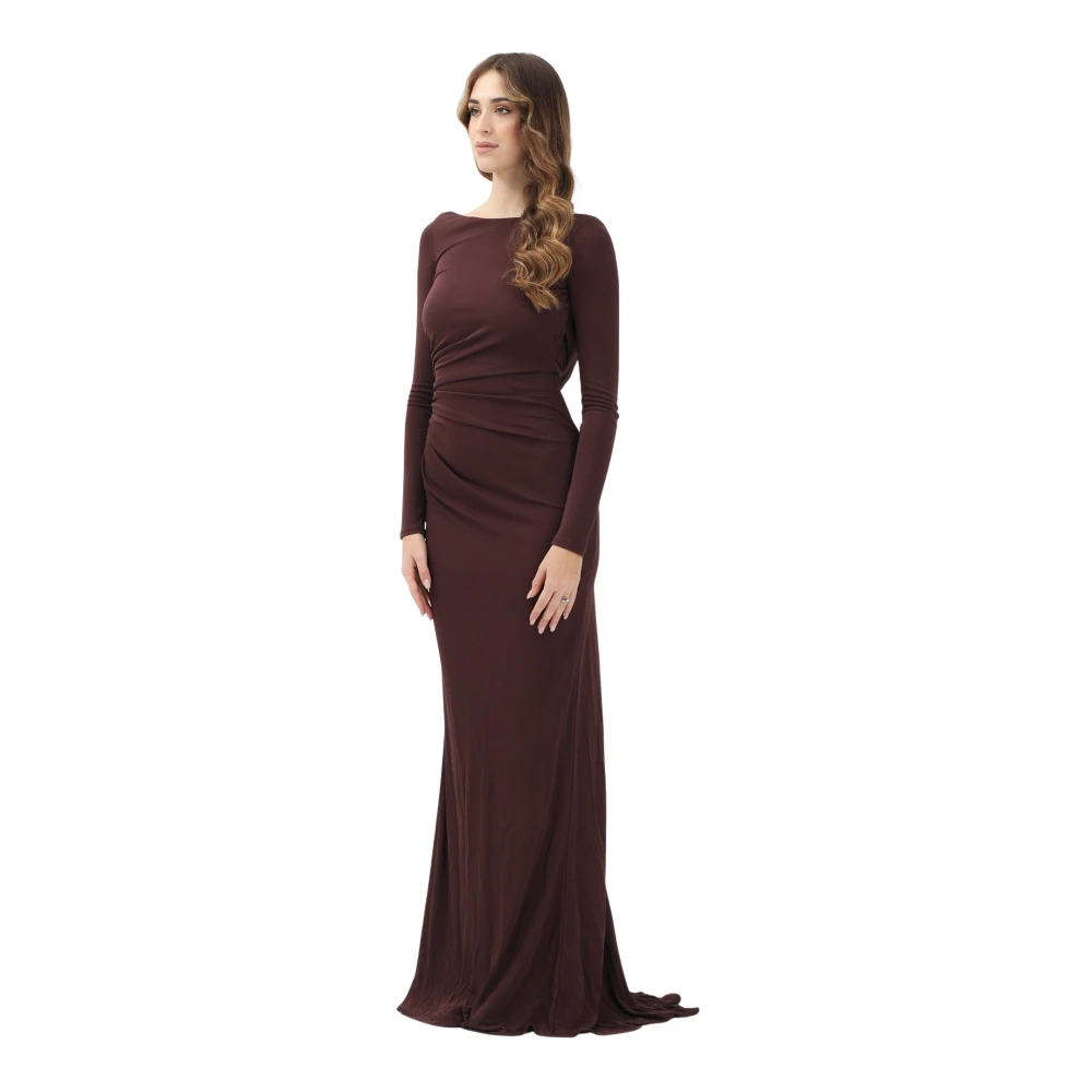 Elisabetta Franchi Bruine Lange Jurk Boothals Open Rug Brown Dames