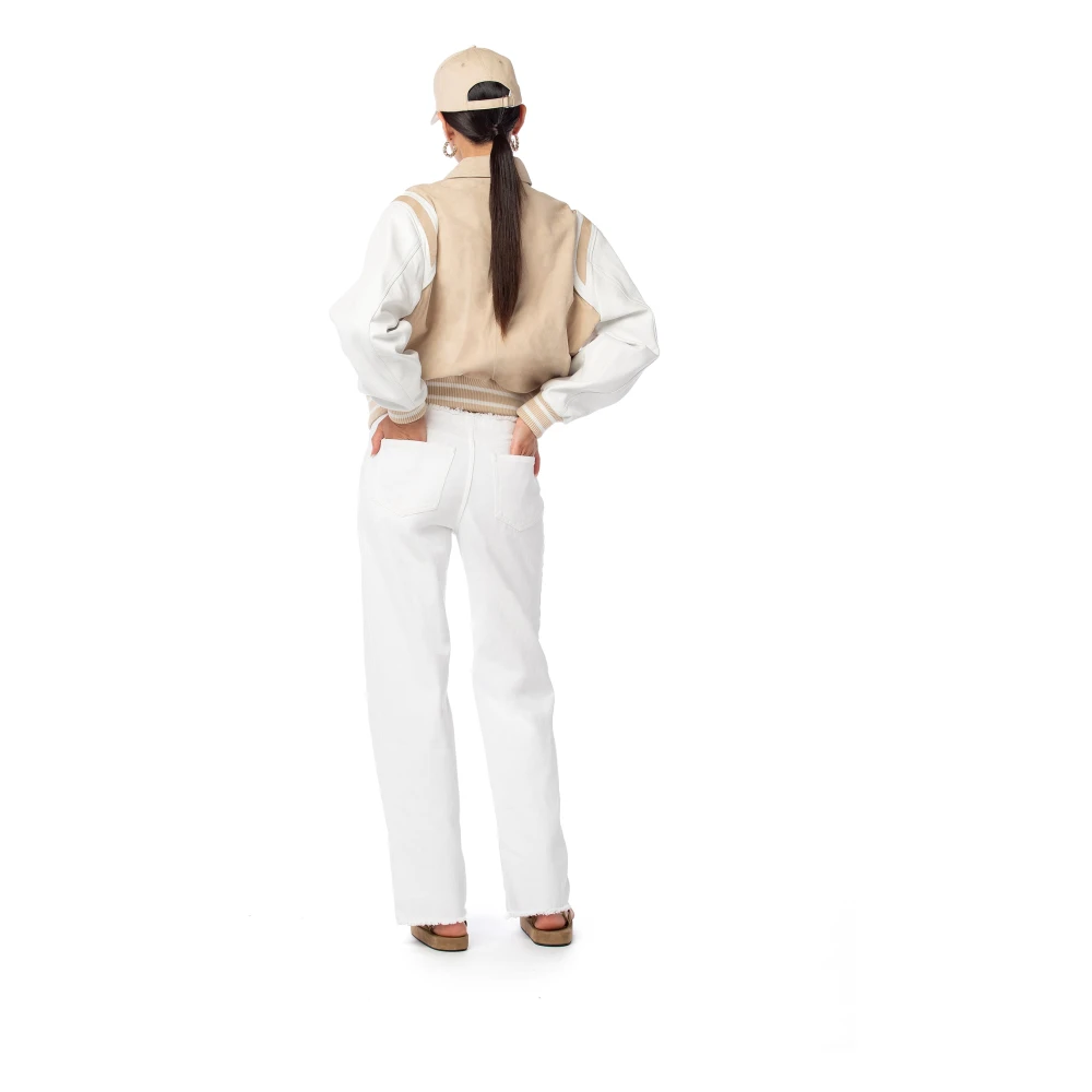 MVP wardrobe Suède Leren Bomberjack met Patchwork Logo Beige Dames