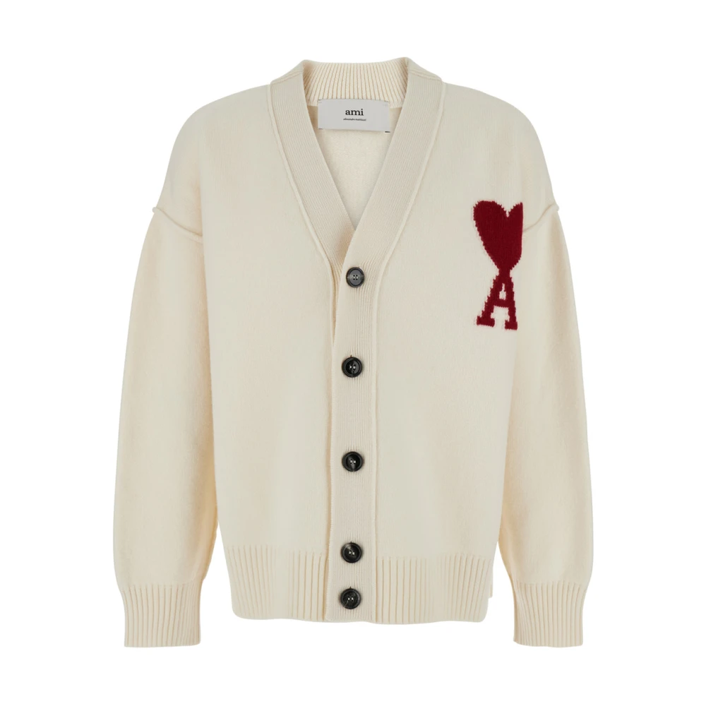 Ami Paris Vit V-ringad Cardigan med ADC Logo Beige, Herr