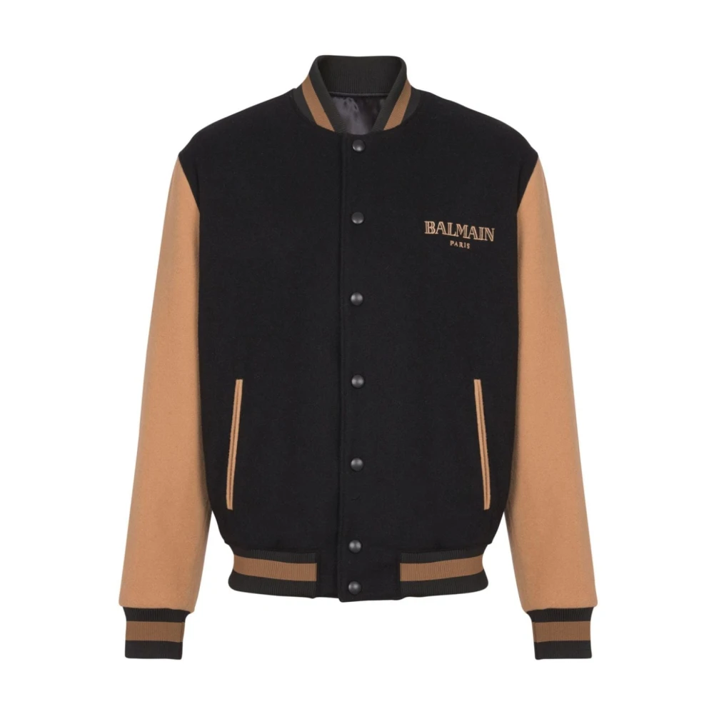 Balmain Zwarte wollen jas met geborduurd logo Black Heren