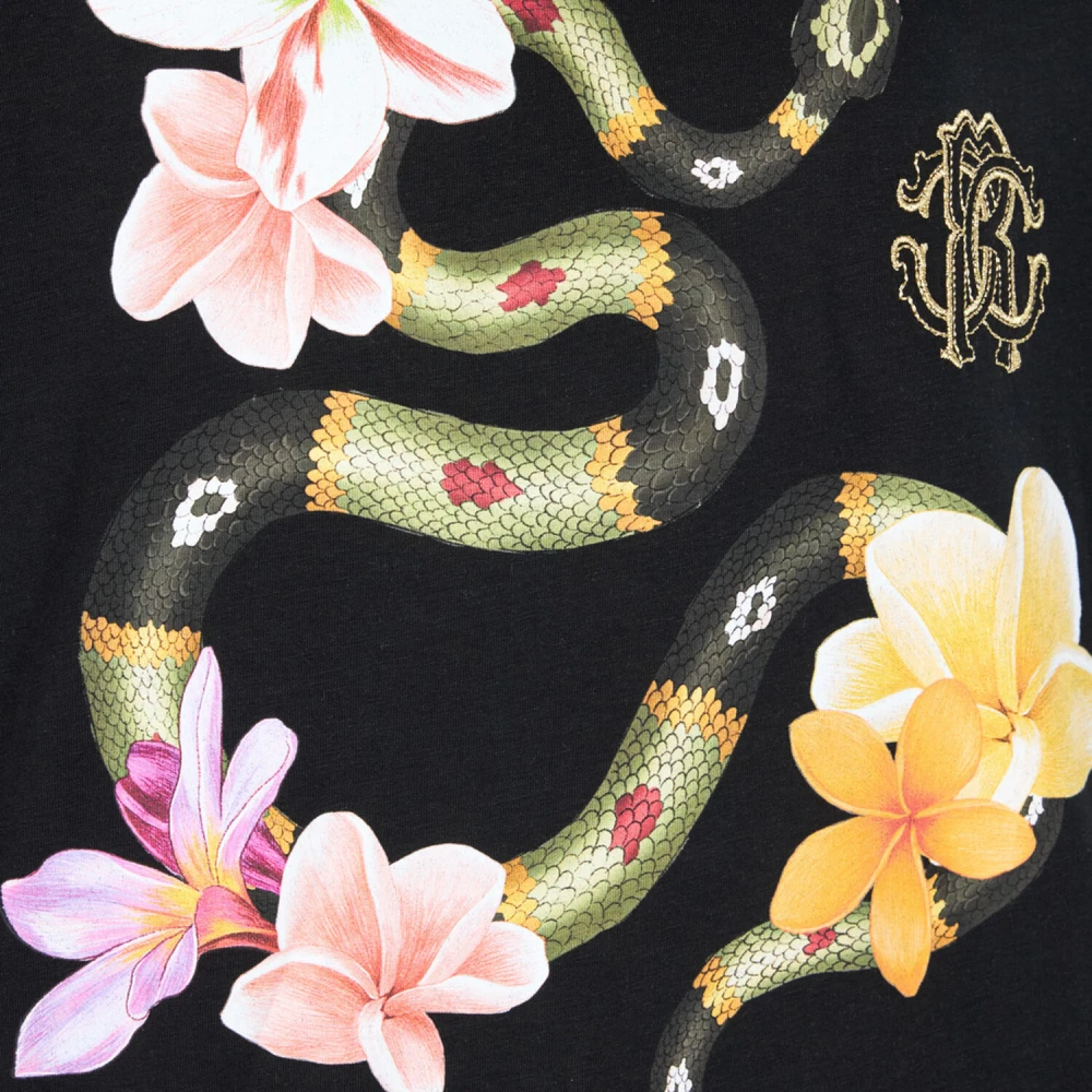 Roberto Cavalli T-shirt met slangen- en bloemenprint en ronde hals Black Dames