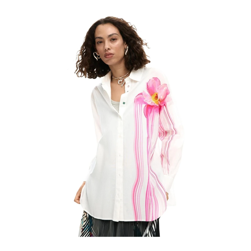 Desigual Women's White Shirts, Xl, Floral Button-Up Long Sleeve Cotton Shirt