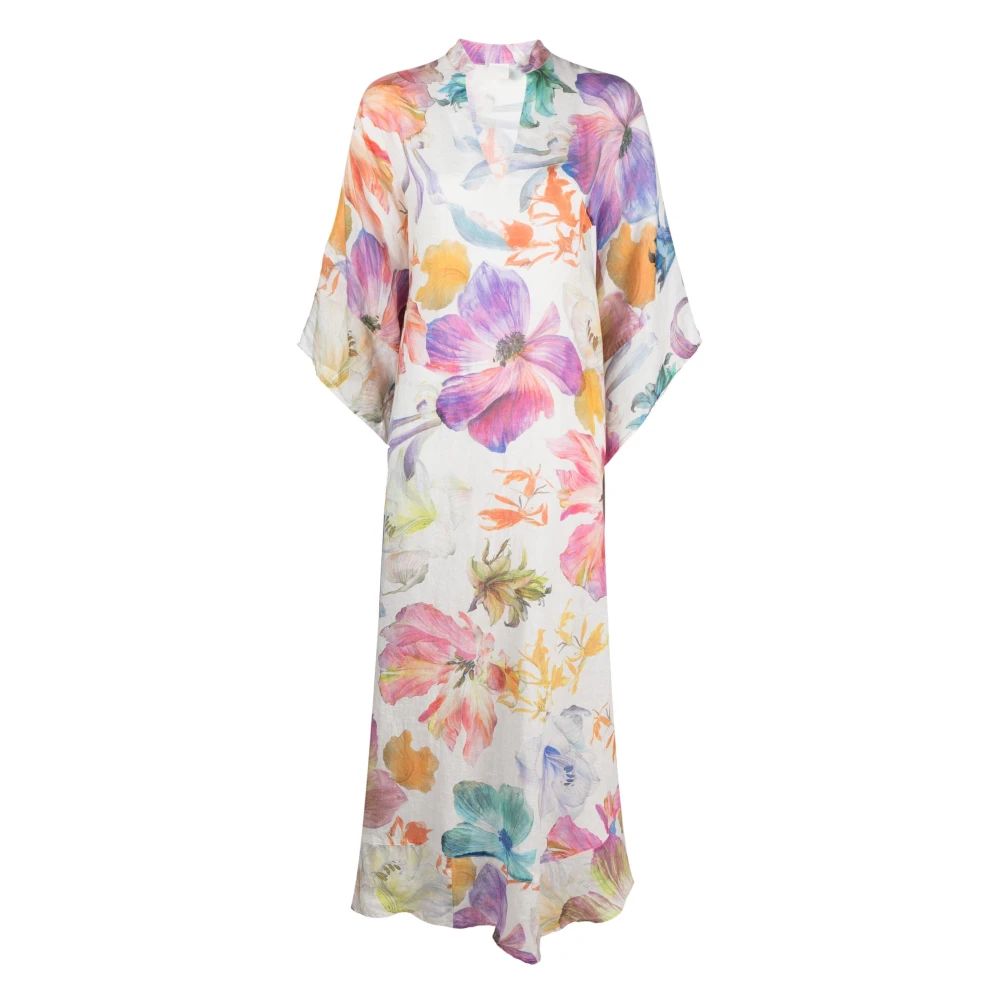 120% lino Bloemenprint Kaftan Jurk met Splitten Multicolor Dames