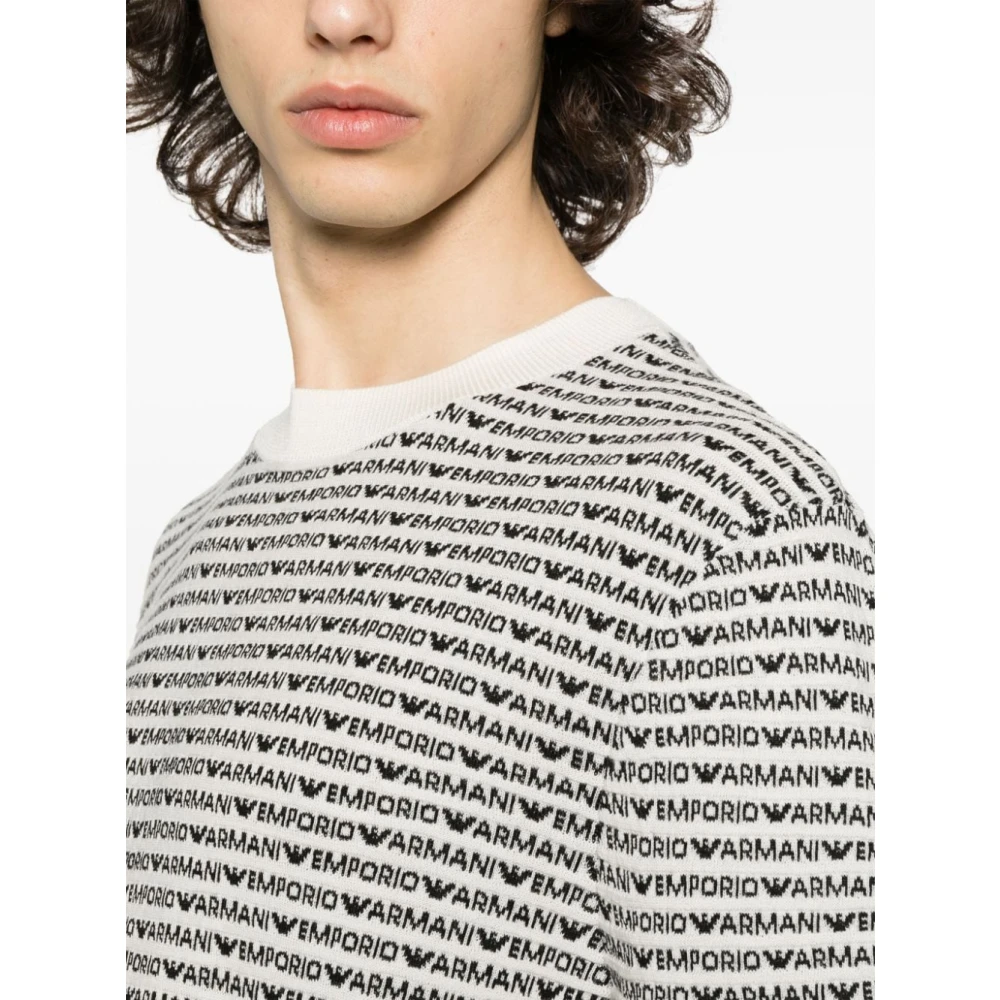 Emporio Armani Beige Sweaters met Intarsia-Gebreid Logo Multicolor Heren