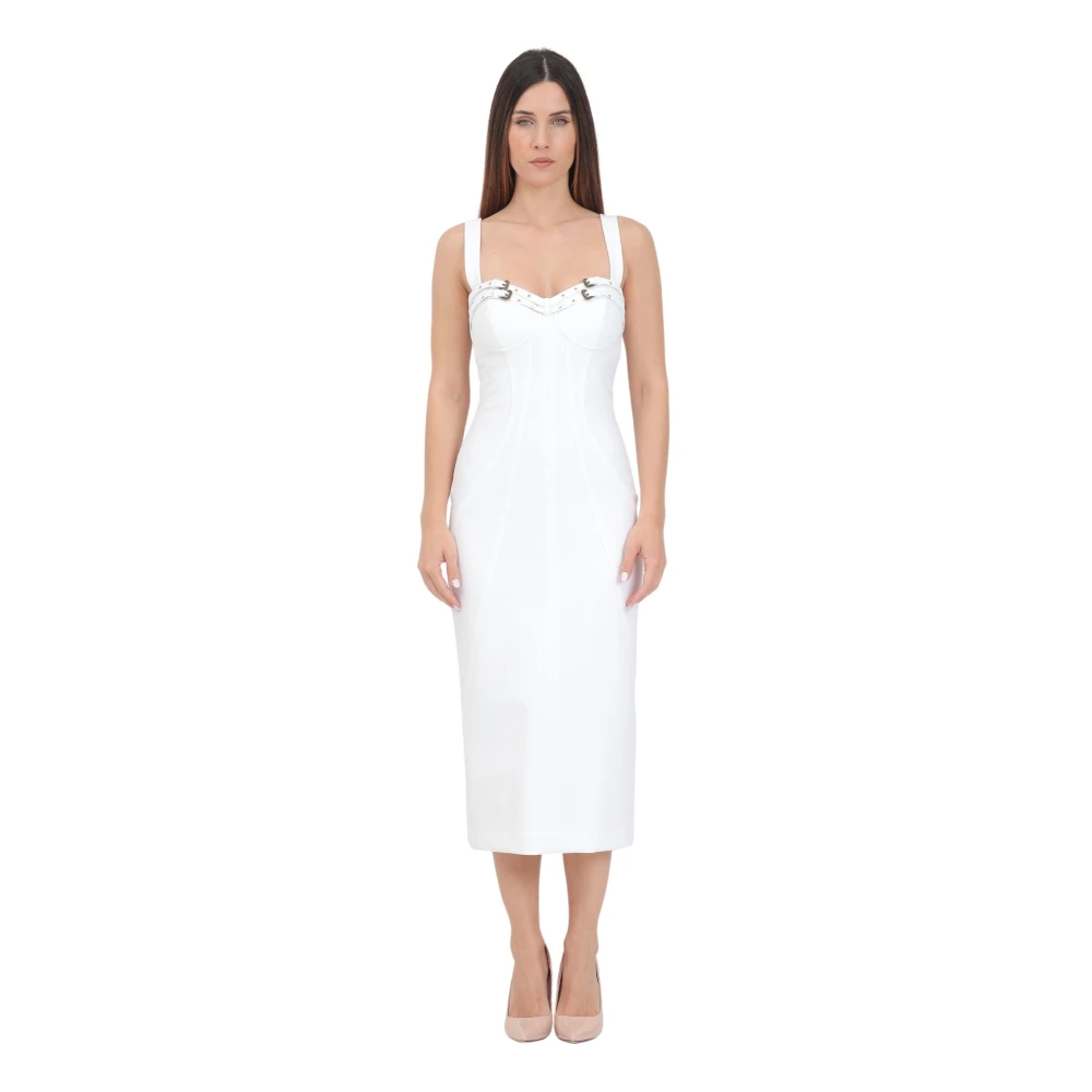 Versace Jeans Couture Barok Gesp Witte Midi Jurk White Dames