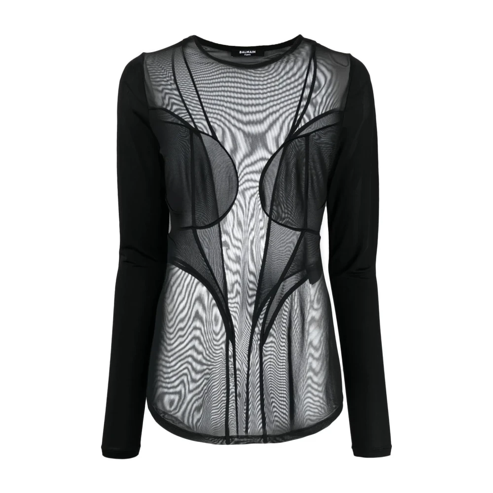 Balmain Black Mesh Mix Blouse In - Female - Long Sleeve T-Shirts - S - Tops