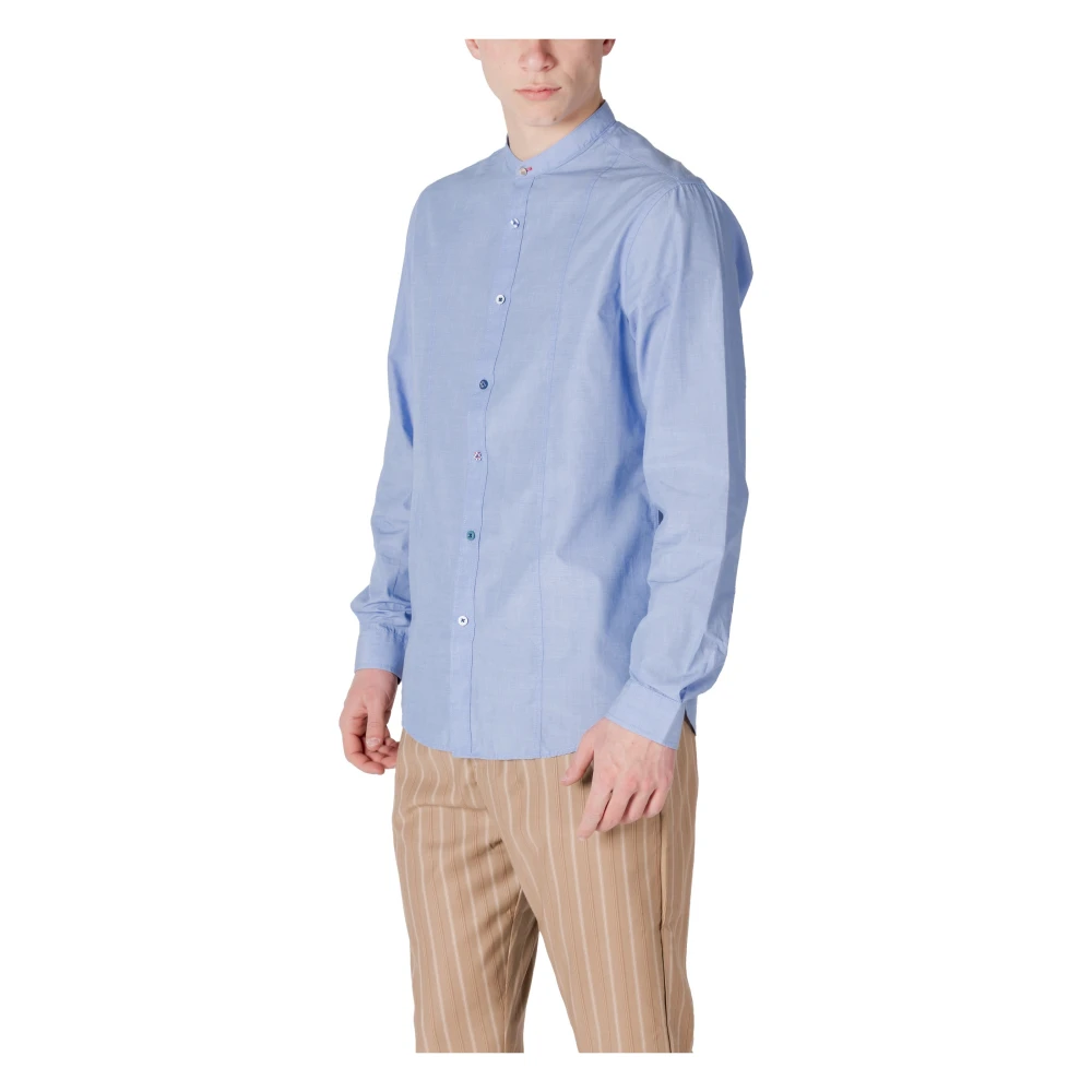 Gianni Lupo Mandarijn Kraag Lange Mouw Shirt Blue Heren
