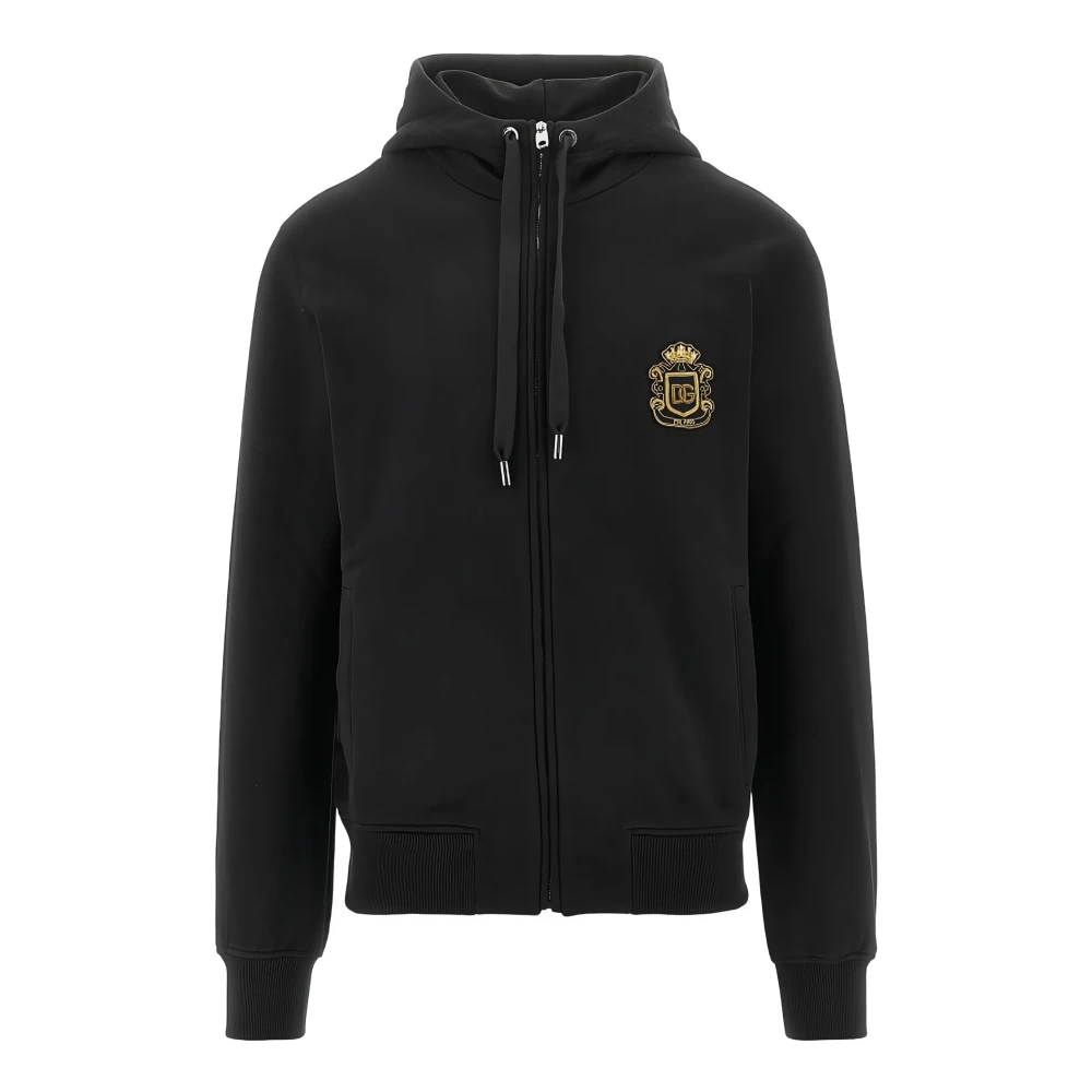 Dolce & Gabbana Zip-Throughs, Male, Xl, Cotton Hoodie With Heraldic Patch Black