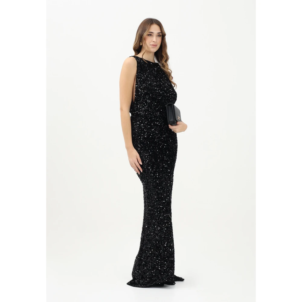 Elisabetta Franchi Zwarte pailletten boothals lange jurk Black Dames