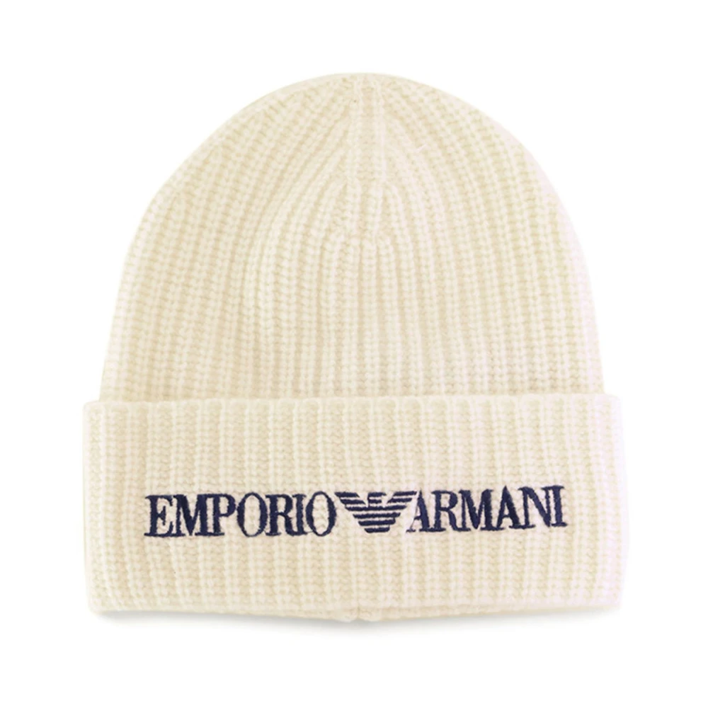 Emporio Armani Witte Wol Herenpet met Blauw Logo White Heren