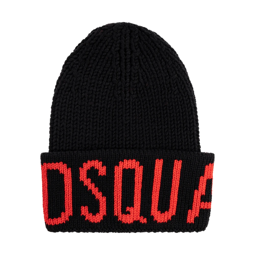 Dsquared2 Mannelijk Zwart Accessoires Heren, One Size, Wol, Wollen Muts Met Logo