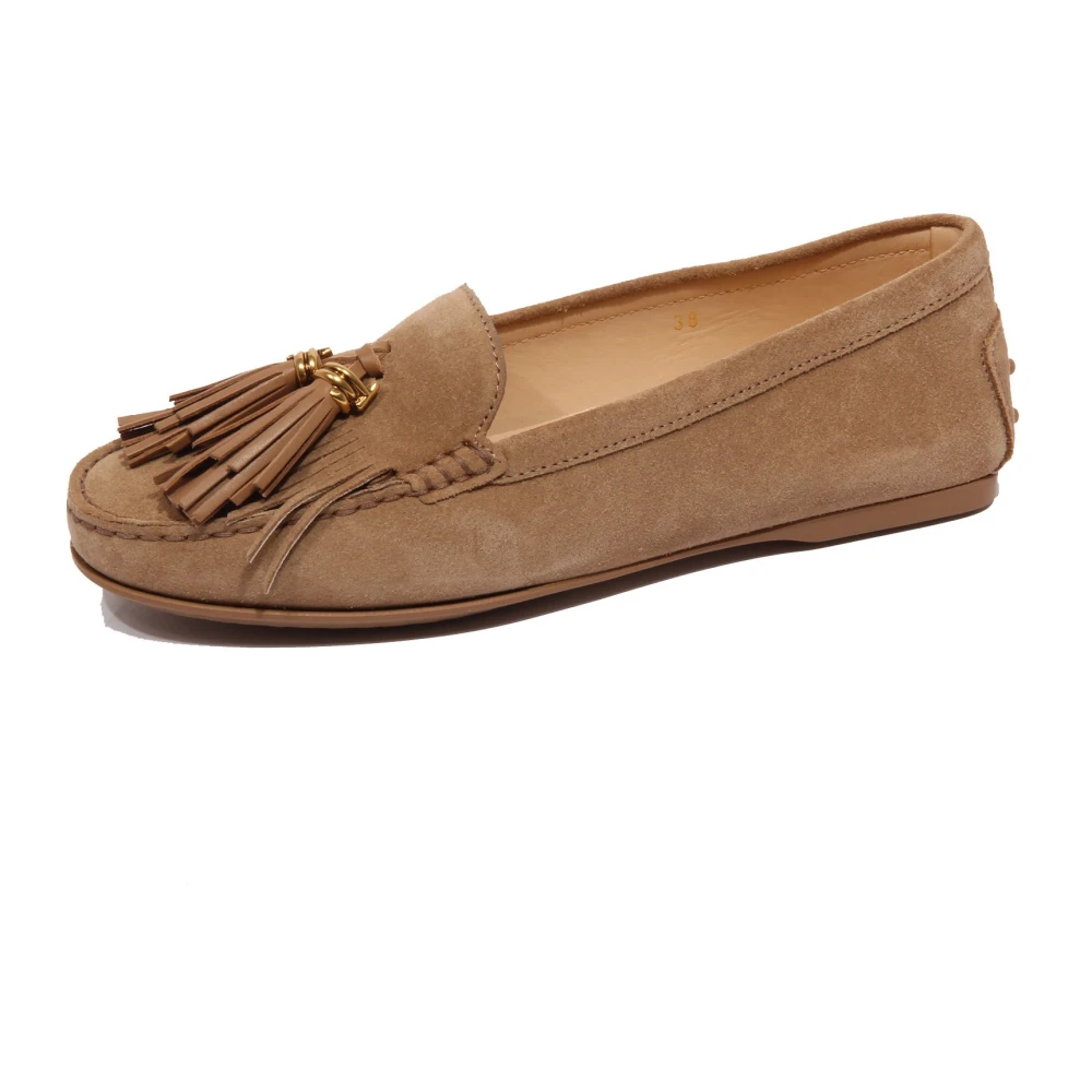 Tod's Women's Beige Suede Fringe Loafer Shoe Made In Italy