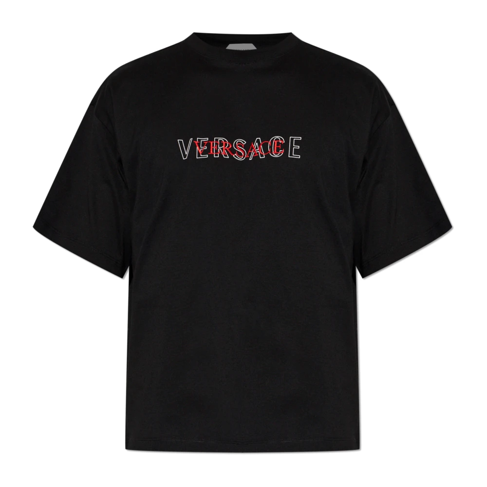 Versace Men's Black T-Shirts, M, Embroidered-Logo Cotton-Jersey Regular T-Shirt