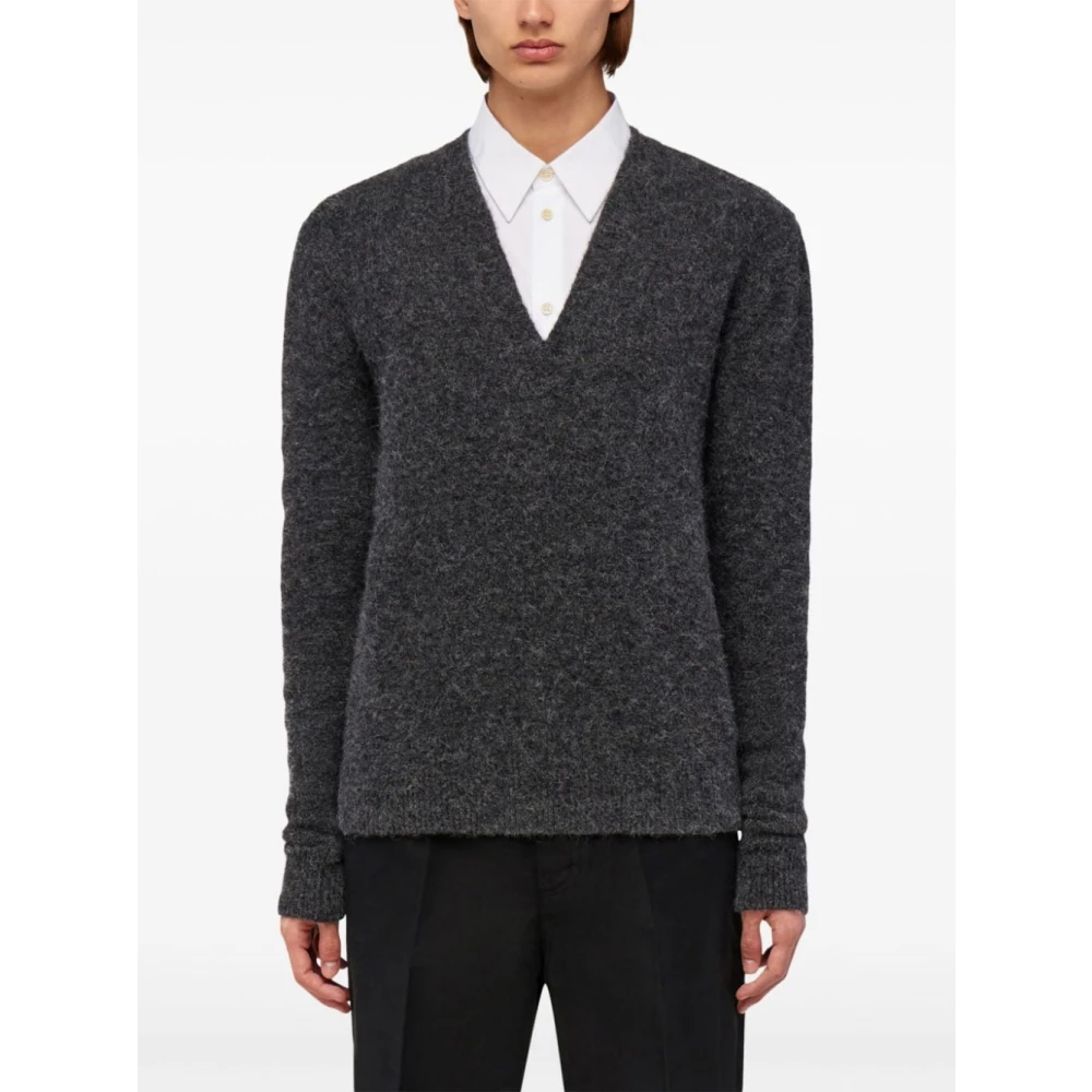 Salvatore Ferragamo Alpaca Cashmere Silk V-Neck Sweater Gray Heren
