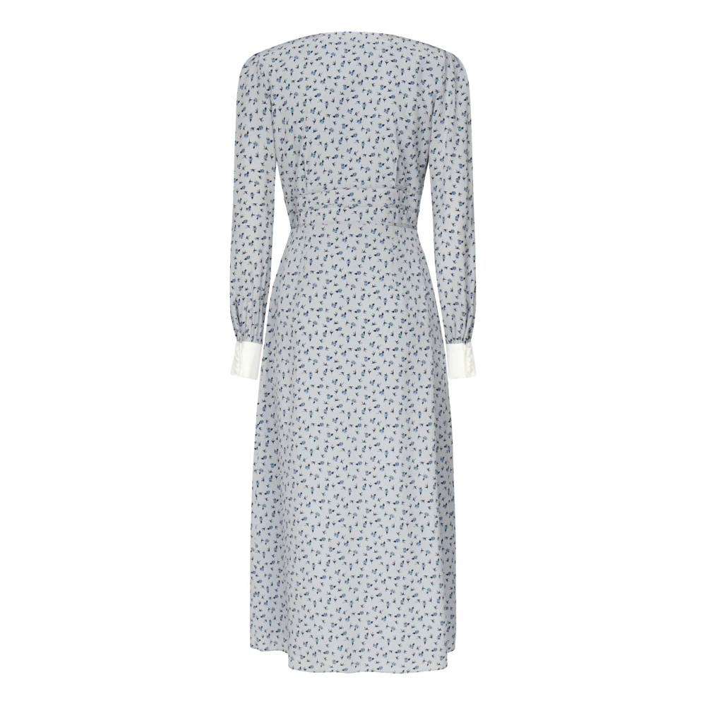 Alessandra Rich Zijden Jurk met Rozenprint Midi Lengte Lichtblauw Blue Dames