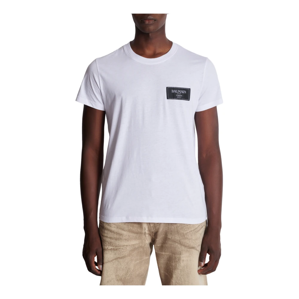 Balmain T-shirt met Couture label White Heren