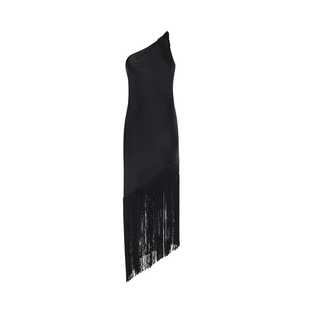Pinko Women's Black Midi Dresses, Xl, Satin One-Shoulder Mini Dress With Fringing