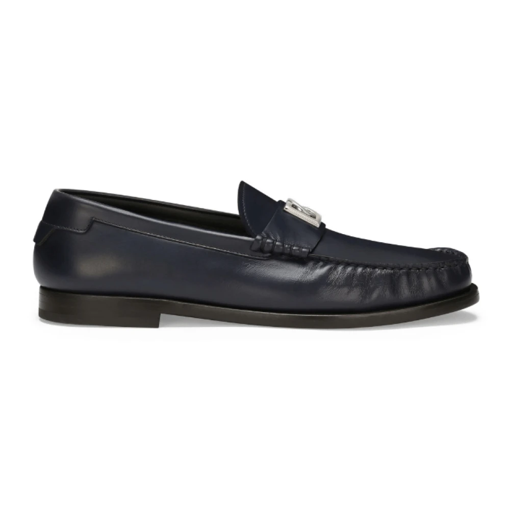 Dolce & Gabbana Men's Blue Leather Loafers With Logo Plaque