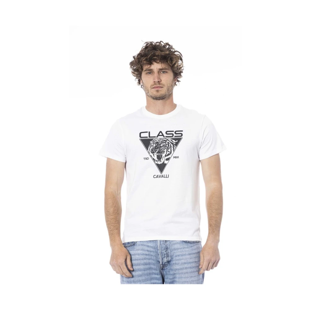 Cavalli Class Men's White Logo Print Round Neck T-Shirt