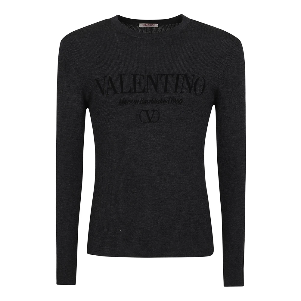 Valentino Garavani Wollen Crew Neck Sweater met Logo Gray Heren