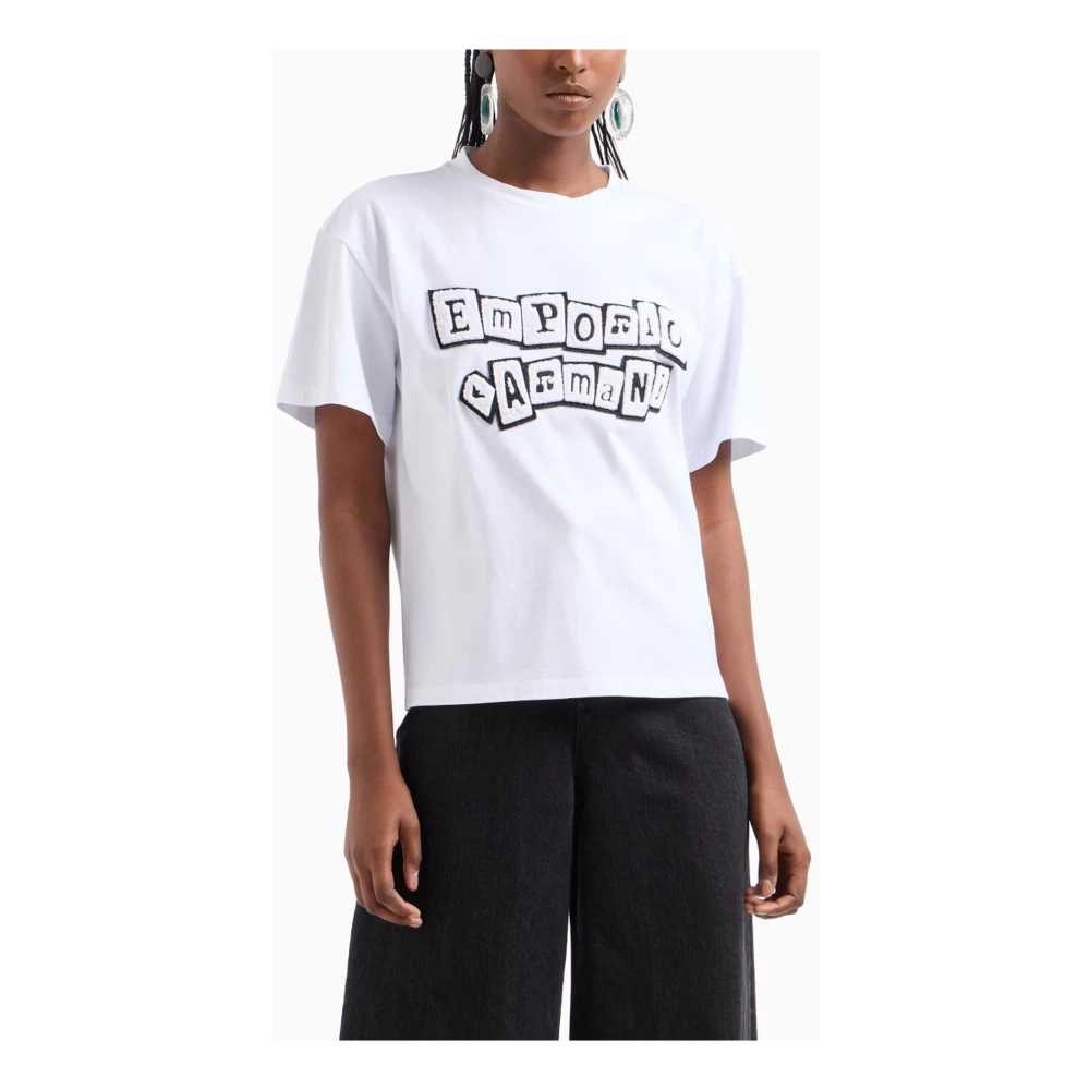 Emporio Armani Witte T-shirts en Polos Jersey Patch White Dames