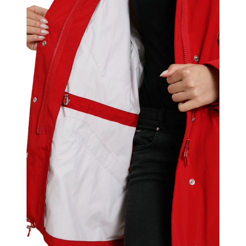 Dolce & Gabbana Rode Polyester Hooded Knoopregenjas Red Dames