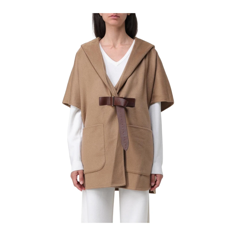 Max Mara Women's Brown Ponchos, One Size, Camel Wool Cape With Leather Belt