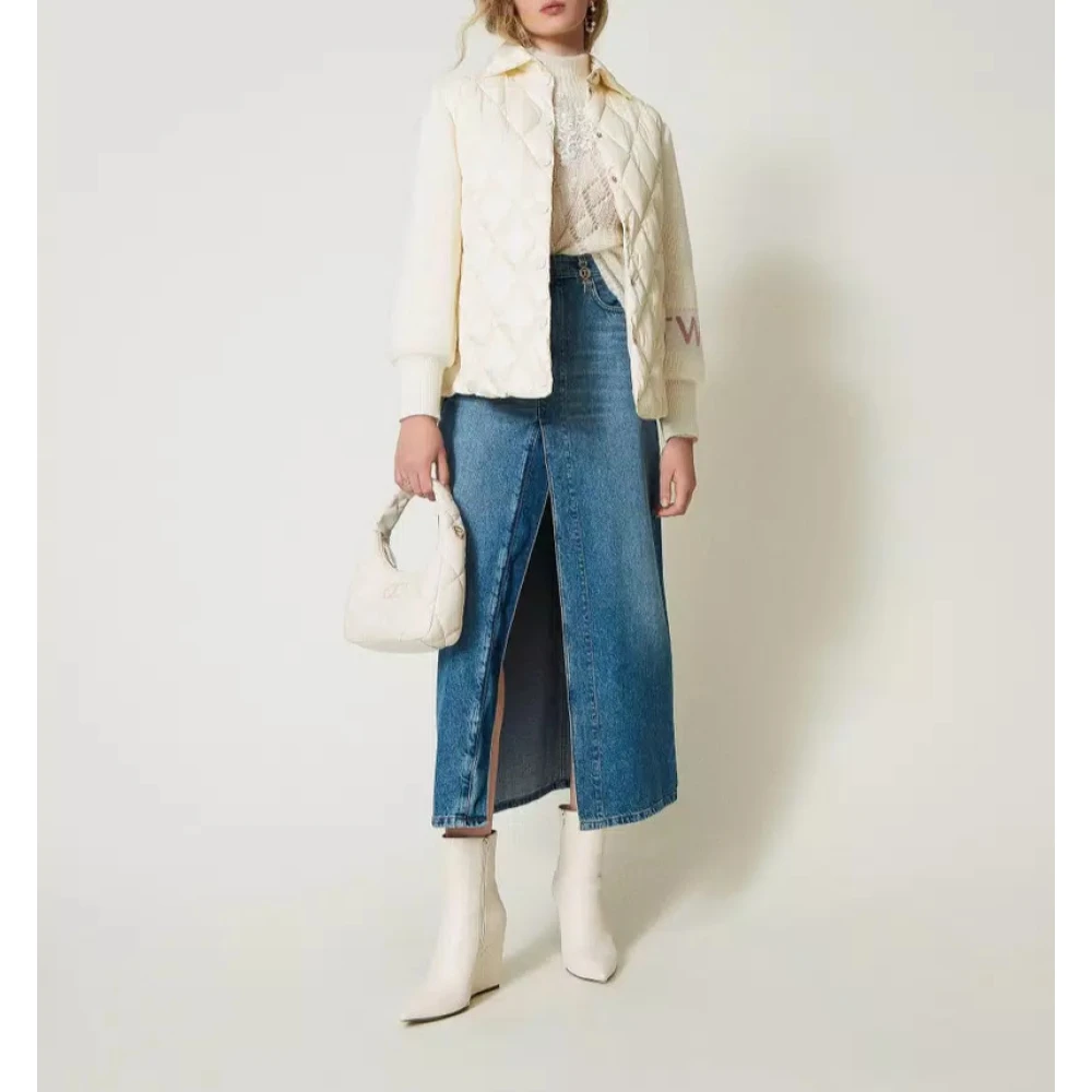 Twinset Gewatteerde Gebreide Mouw Pufferjas Beige Dames