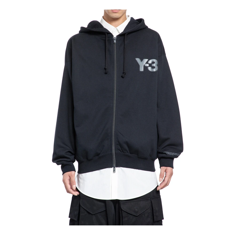 Y-3 Zwart Logo Zip Hoodie Oversized Fit Black Heren