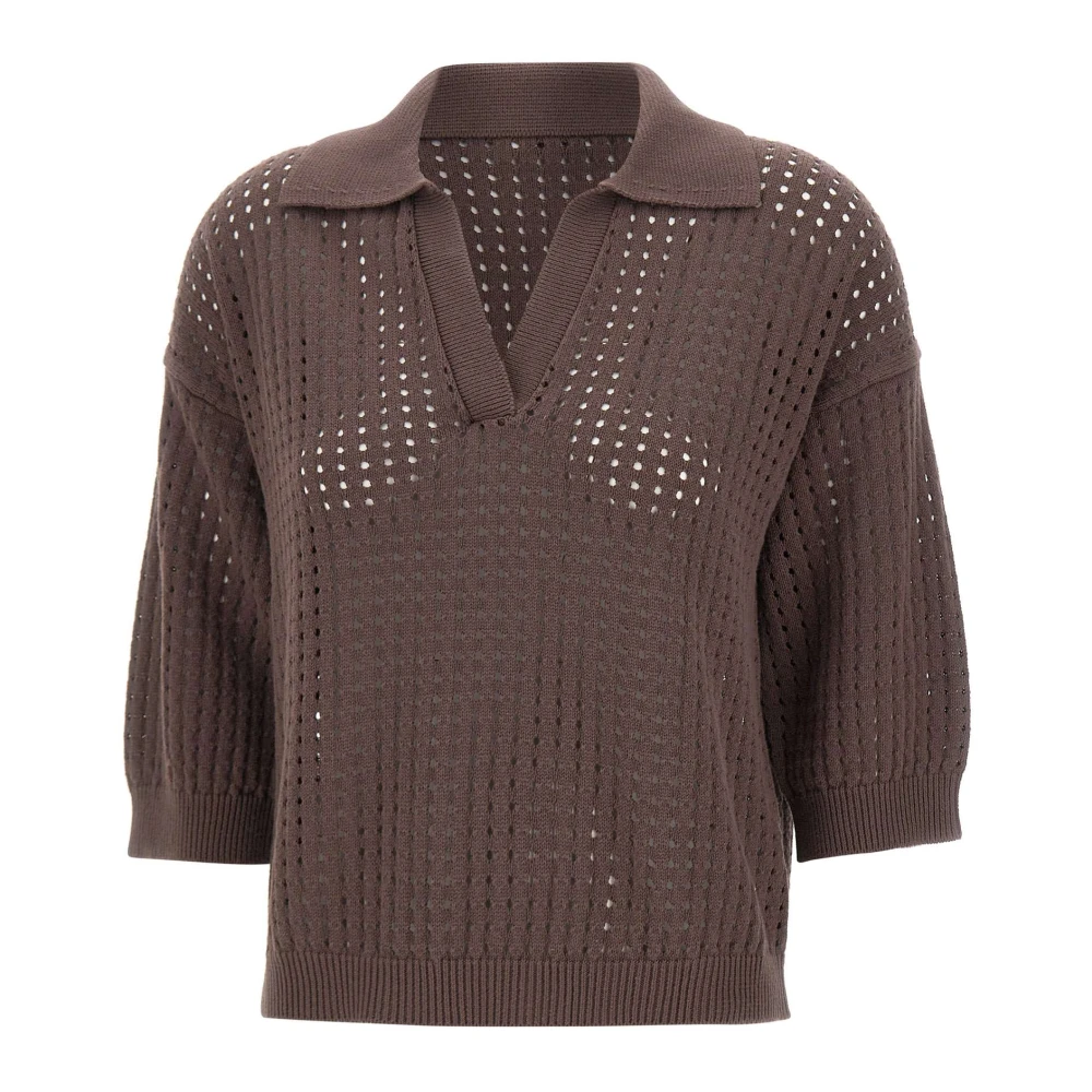 Kangra Women's Brown V-Neck Knitwear, M, Openwork Polo