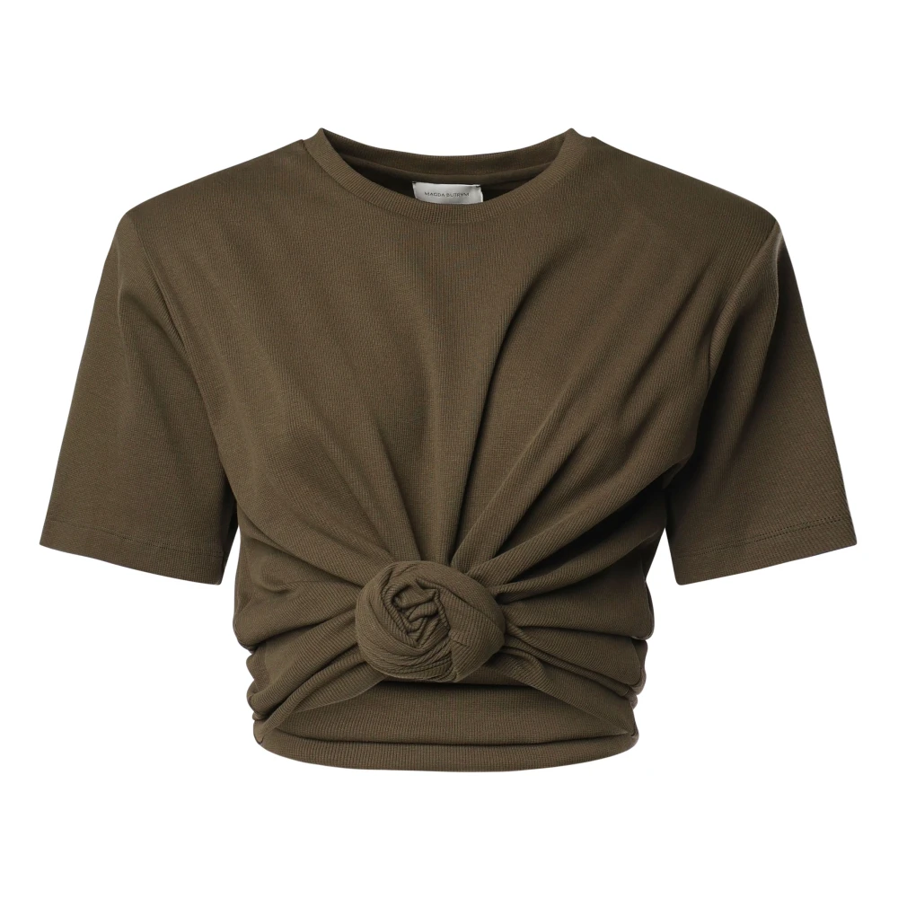 Magda Butrym Bruine Geribbelde T-shirt met Knoopdetail Brown Dames