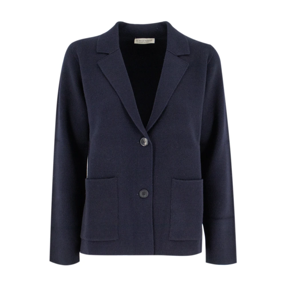 Le Tricot Perugia Elegante Gebreide Blazer met Reverskraag Blue Dames
