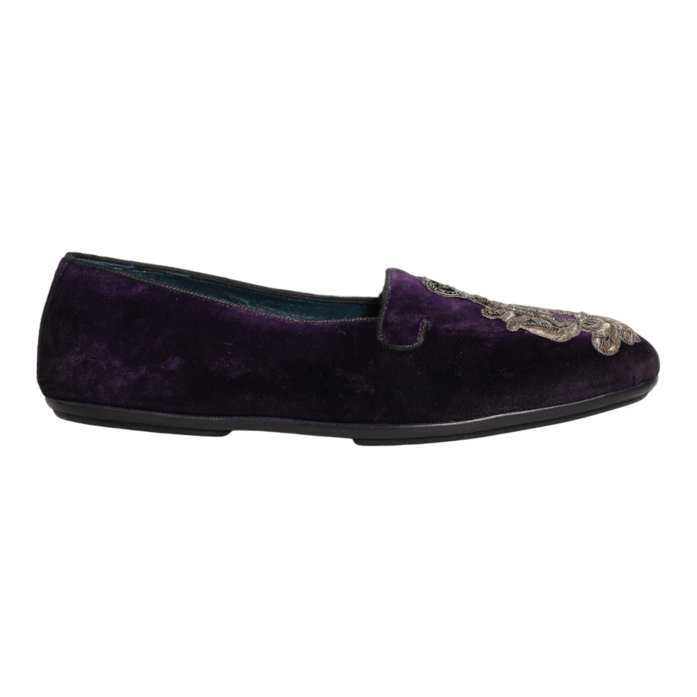 Dolce & Gabbana Men's Purple Velvet Crown Embroidery Loafers - Loafers - 9 Uk - Shoes