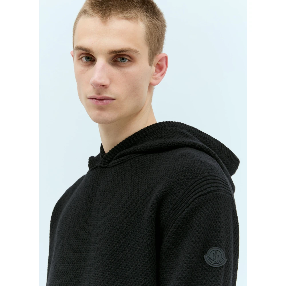 Moncler Wollen Hoodie Logo Zak Ribboorden Black Heren