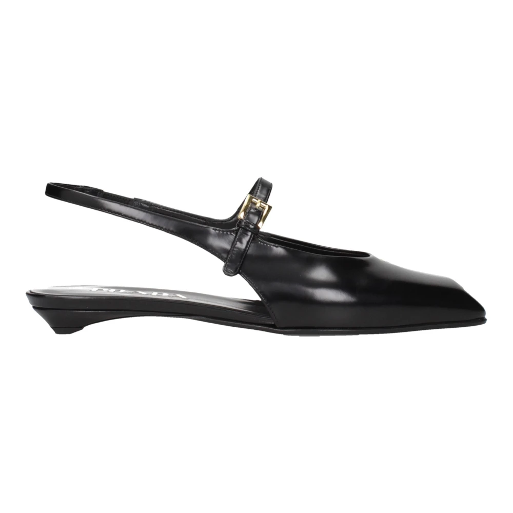 Prada Women's Black Ballerina Shoes, 3 1/2 Uk, Leather Flat Sandals Front Logo