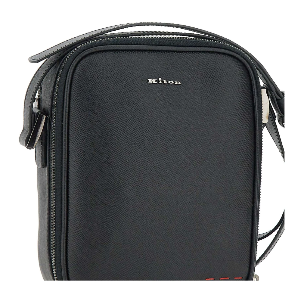 Kiton Zwarte Leren Schoudertas met Rits Black Heren