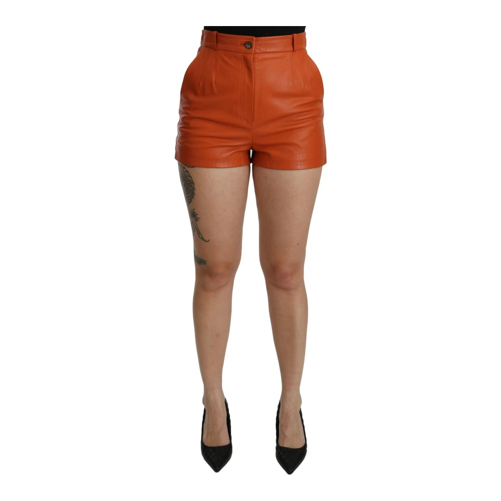 Dolce & Gabbana Women's Orange Leather High Waist Mini Shorts - Short Shorts - S - Shorts