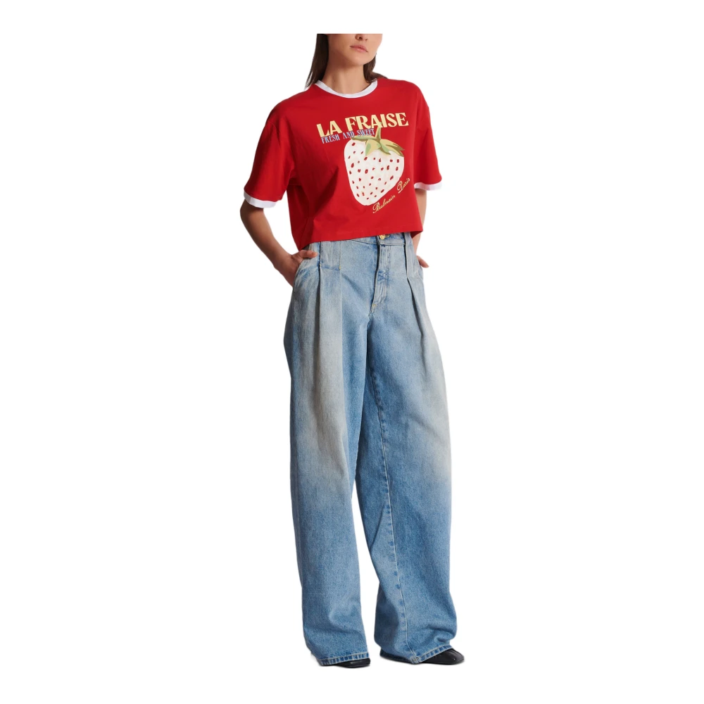 Balmain Cropped T-shirt met aardbeienprint Red Dames