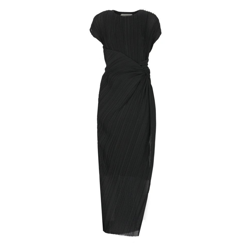 Lanvin Zwarte Geplooide Jurk Ronde Hals Korte Mouwen Black Dames