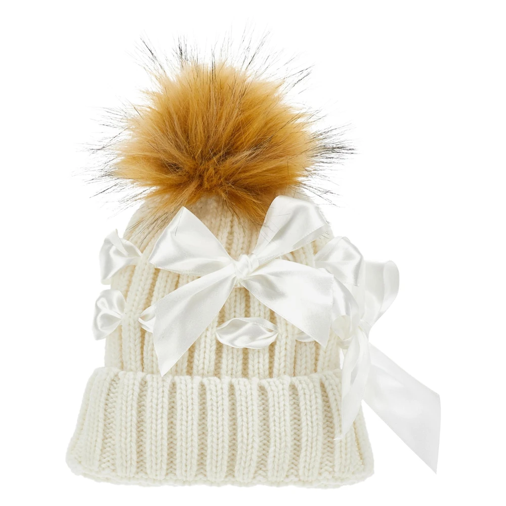 Monnalisa Beige Ivory Knitted Pom Pom Hat - Unisex - Hats & Caps - L - Kids