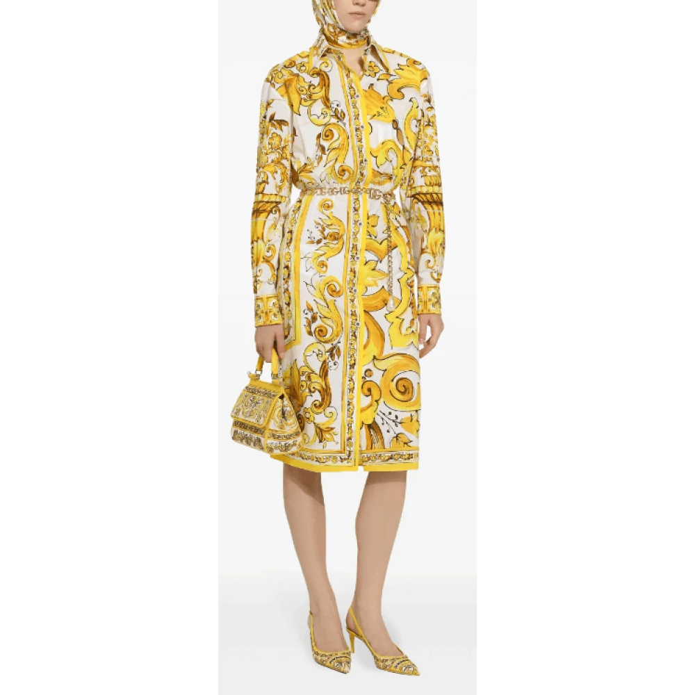 Dolce & Gabbana Majolica Print Katoenen Overhemdjurk Yellow Dames